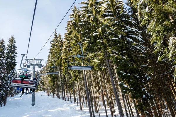 Kayakçı Snowboard Düşkünleri Teleferik Kış Orman Arasında Üzerinde Yukarıdan Bir — Stok fotoğraf