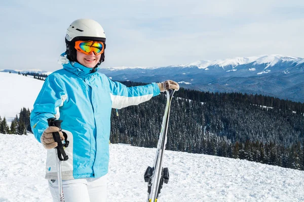 Une Femme Costume Bleu Casque Des Lunettes Tient Debout Avec — Photo