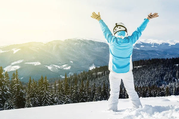 Woman Skier White Blue Suit Mountain Top Snow Stock Image