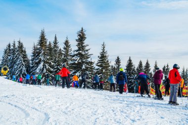 bir karlı yolda birkaç kayakçı. Dağlarda kış tatili. Dağ kayak beldesinde Karpatlar