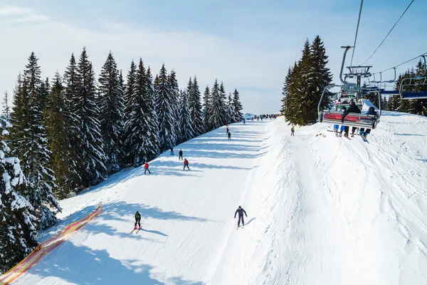 Flera Skidåkare Snöig Väg Sportlov Fjällen Mountain Ski Resort Karpaterna — Stockfoto