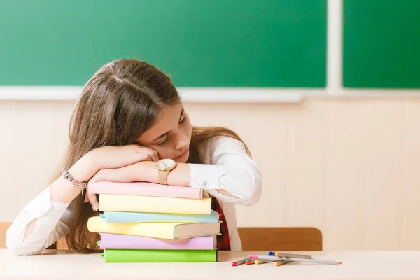 Écolière Uniforme Scolaire Assis Son Bureau Avec Des Livres Des — Photo