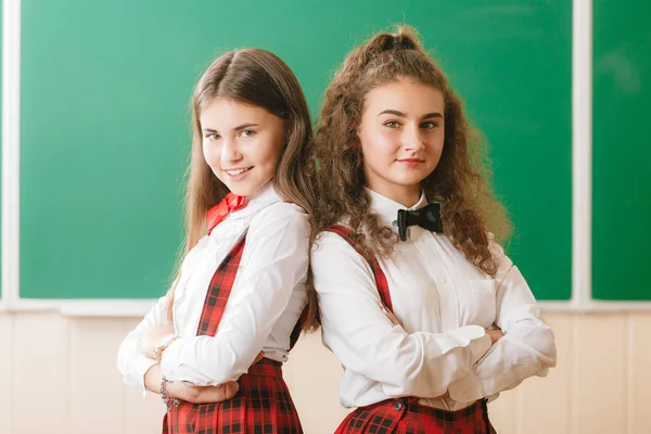 two funny schoolgirls in school uniform are standing with books on the background of the school board.