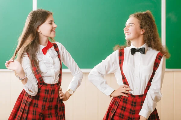 two funny schoolgirls in school uniform are standing with books on the background of the school board.