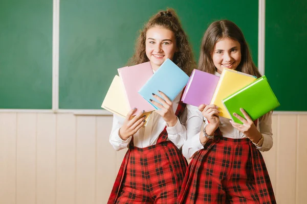 Due Studentesse Divertenti Uniforme Scolastica Sono Piedi Con Libri Sullo — Foto Stock