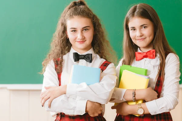 two funny schoolgirls in school uniform are standing with books on the background of the school board.