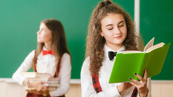 Deux Écolières Drôles Uniforme Scolaire Sont Debout Avec Des Livres — Photo