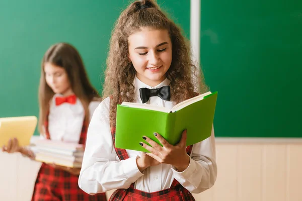 two funny schoolgirls in school uniform are standing with books on the background of the school board.