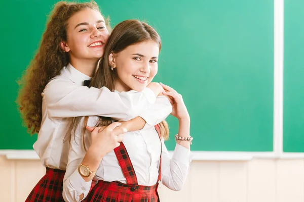 two funny schoolgirls in school uniform are standing with books on the background of the school board.