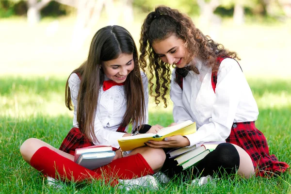 2人の面白い女子高生が草の上に座り本を読む 女の子 ガールフレンド 姉妹は自然の中でレッスンを教えています — ストック写真
