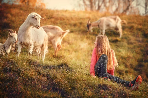 Une Petite Fille Rousse Est Assise Sur Herbe Sur Une — Photo