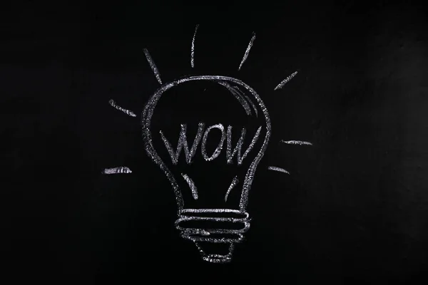 a white chalk light bulb on a black chalkboard with the word wow.