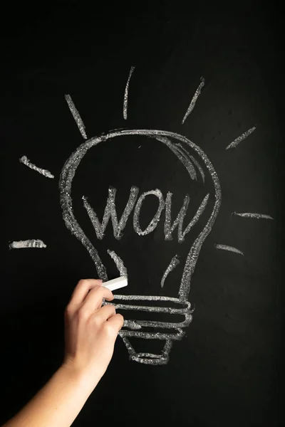 closeup female hand drawing a white chalk light bulb on a black board with the word wow.