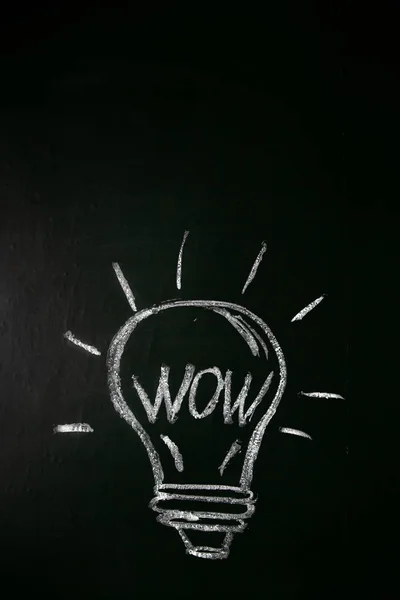 a white chalk light bulb on a black chalkboard with the word wow.