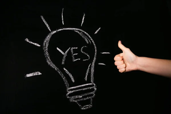 Closeup Female Hand Thumb Chalked Light Bulb Black Board Word — Stock Photo, Image