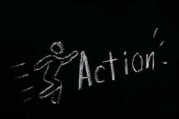 Drawn Chalk Black Blackboard Symbol Running Man Word Action — Stock Photo, Image