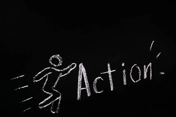 Drawn Chalk Black Blackboard Symbol Running Man Word Action — Stock Photo, Image