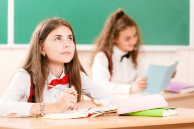 iki güzel kız öğrenciler sınıfta kitaplarla masada oturuyorsun