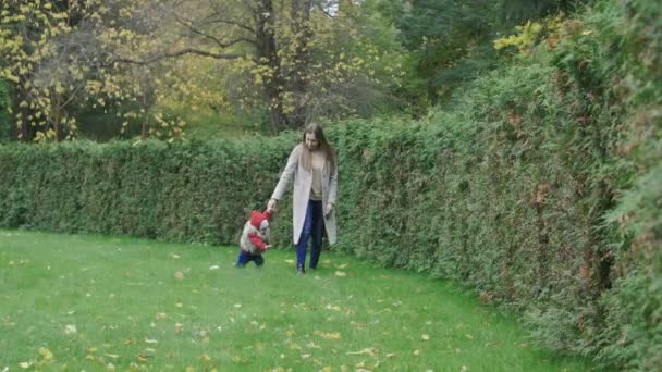 母散歩寂しい秋の公園で紅葉と緑の草の上で女の赤ちゃん 赤ちゃんが落ちる Thuja の緑の背景 紅葉と秋の木々 長い髪の女 — ストック動画