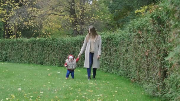 Babymeisje Met Moeder Lopen Groene Gras Met Herfstbladeren Eenzame Herfst — Stockvideo