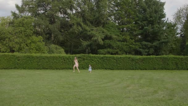 在公园的夏日灯光下 女婴和妈妈在绿草如茵地玩耍 拥抱着 宝宝玩得开心点绿色的图利亚背景 快乐的家庭理念 长的头发的妇女 — 图库视频影像