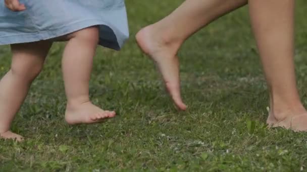 特写镜头婴儿赤脚走在夏天的绿草 宝宝玩得开心点快乐的家庭概念 — 图库视频影像