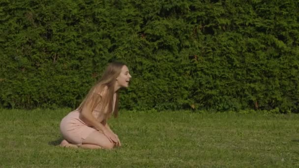 婴儿冲进母亲的怀抱 在公园里的夏日灯光下微笑 慢吞吞的绿草背景 快乐的家庭理念 宝宝玩得开心点长的头发的妇女 — 图库视频影像