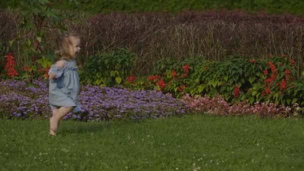 Zeitlupe Eines Kleinen Mädchens Das Sommerlicht Park Auf Grünem Gras — Stockvideo