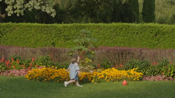 Niña Con Padre Jugando Riendo Abrazándose Hierba Verde Luz Del — Vídeos de Stock