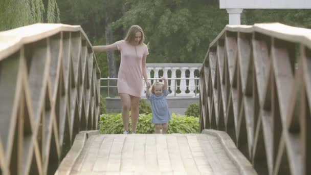 慢动作宝宝和妈妈在落日的灯光下在一座木桥上奔跑 背光日落灯 快乐的家庭理念 长的头发的妇女 — 图库视频影像