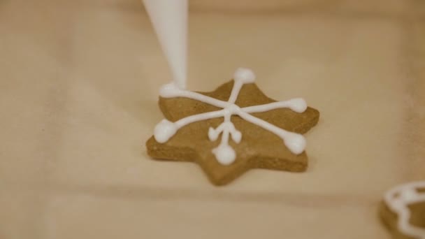 幸せな家族のクリスマスのジンジャーブレッドのクッキーを飾ることのクローズ アップ 伝統的な自家製クリスマス デザート — ストック動画