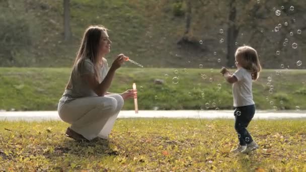 女婴与母亲在夏日公园在日落灯光下做肥皂泡 快乐的家庭吹肥皂泡在公园 — 图库视频影像