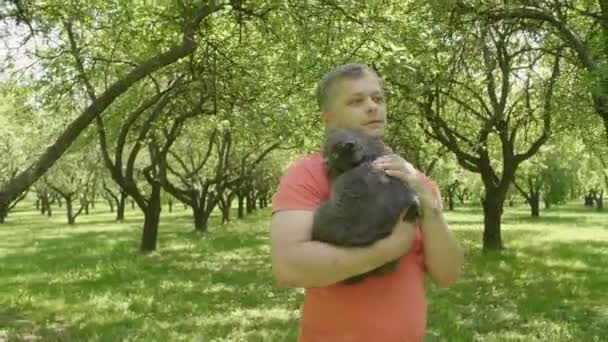 Feliz Sorrindo Rindo Homem Bonito Stroking Gato Caminha Através Árvores — Vídeo de Stock