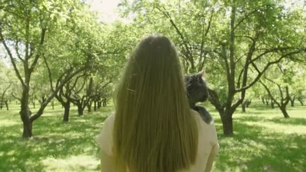 Kvinna Stroking Katt Och Promenader Genom Gröna Träd Gränd Bakifrån — Stockvideo