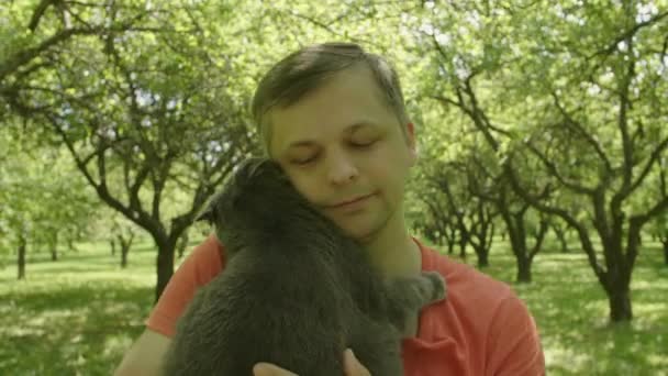 快乐的微笑和笑的帅哥抚摸着一只猫 在绿树小巷里缓慢地走来走去 大灰色蓬松的猫是拥抱英俊的男人 男人抚摸猫 — 图库视频影像