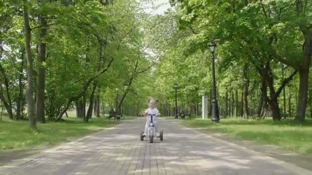 小さな女の子は公園で自転車に乗ります 笑顔と笑いの幸せな子供 小さな女の子が自転車に乗って市の公共公園 — ストック動画