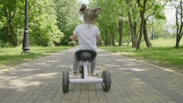 子供は公園で自転車に乗る 小さな女の子が自転車に乗って市の公共公園に乗ります スローモーションでのバックビュー — ストック動画