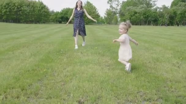 公園の夏の日差しの中で草の中を走る母親と女の赤ちゃん 赤ちゃんは楽しんでいます スローモーション 幸せな家族の概念 母親が走っている子供 — ストック動画