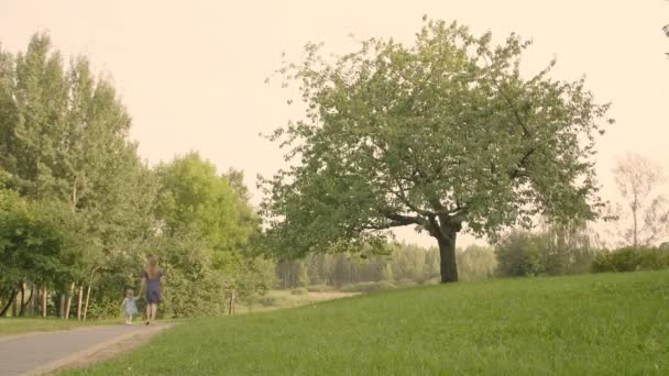 Niña Con Madre Camina Cerca Hermoso Árbol Grande Solitario Concepto — Vídeos de Stock