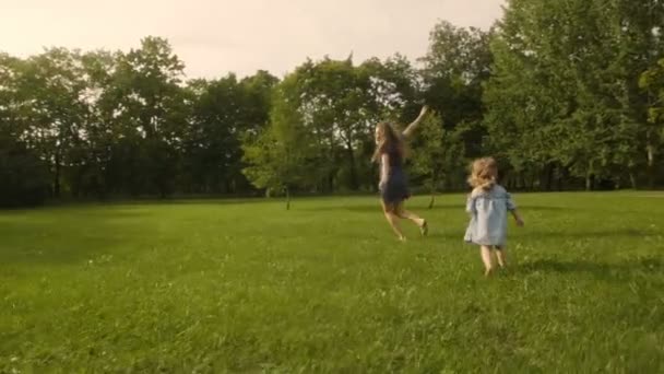 公園の夏の日差しの中で草の中を走る母親と女の赤ちゃん 赤ちゃんは楽しんでいます スローモーション 幸せな家族の概念 母親が走っている子供 — ストック動画