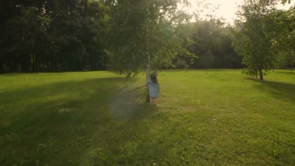 Baby Girl Running Grass Rushes Mother Hands Garden Sunset Sunlight — Stock Video