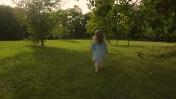 在夕阳的阳光下 女婴在花园里的草地上奔跑 慢动作 快乐微笑的女婴 — 图库视频影像