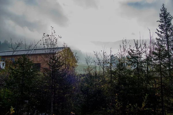 Misty autumn weather in the alpine nature — Stock Photo, Image