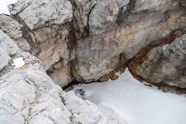 Roca con nieve en los Alpes a principios del invierno — Foto de Stock