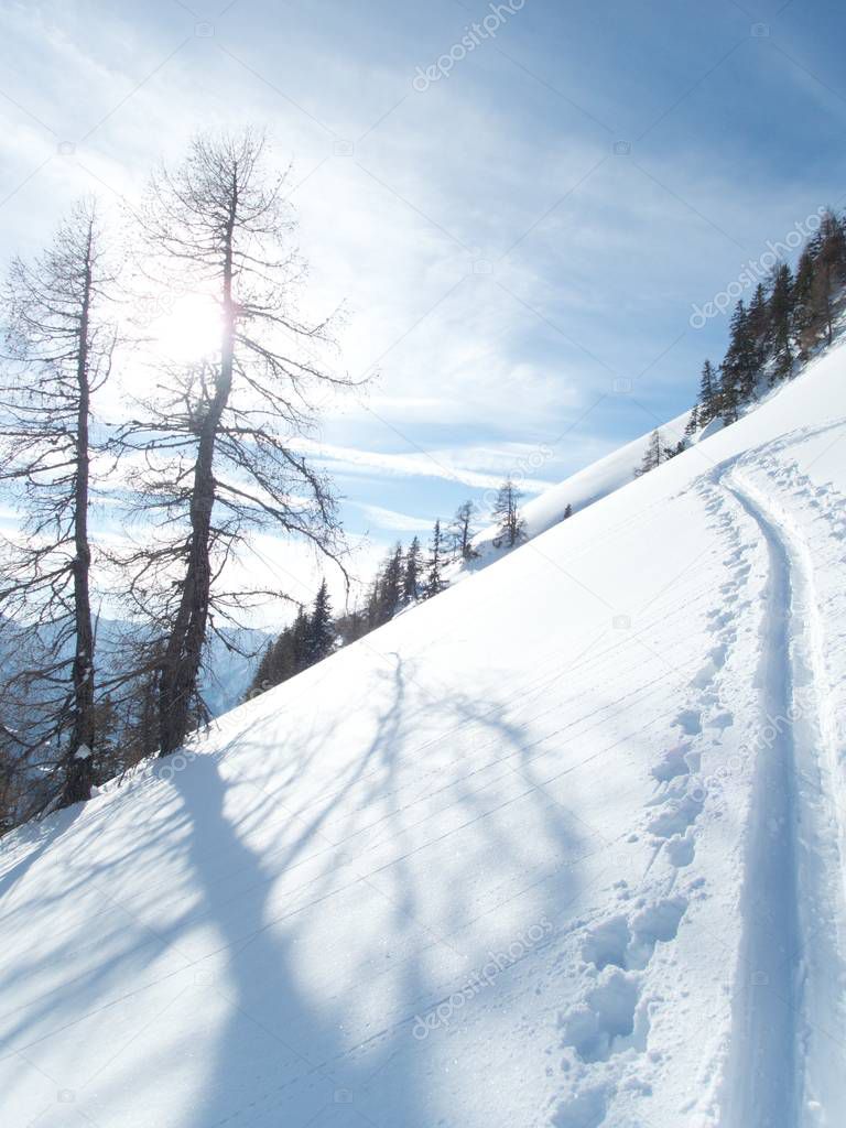 beautiful winter lanscape adventure skitouring in the alps