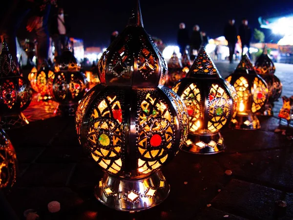 colorful arabic lamps in marrakech market
