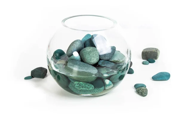 Sea Stones Pebbles Turquoise Water Glass Vase White Background Stock Photo