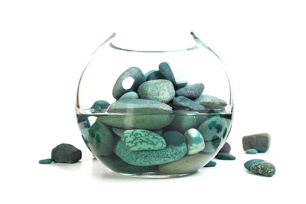 Sea Stones Pebbles Turquoise Water Glass Vase White Background Stock Picture