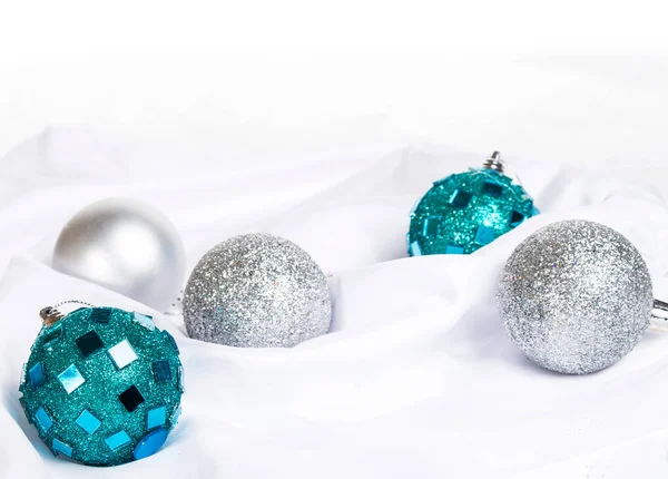Christmas Card Silver Blue Christmas Balls White Background Stock Image