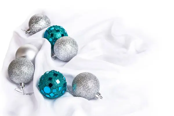 Christmas Card Silver Blue Christmas Balls White Background — Stock Photo, Image